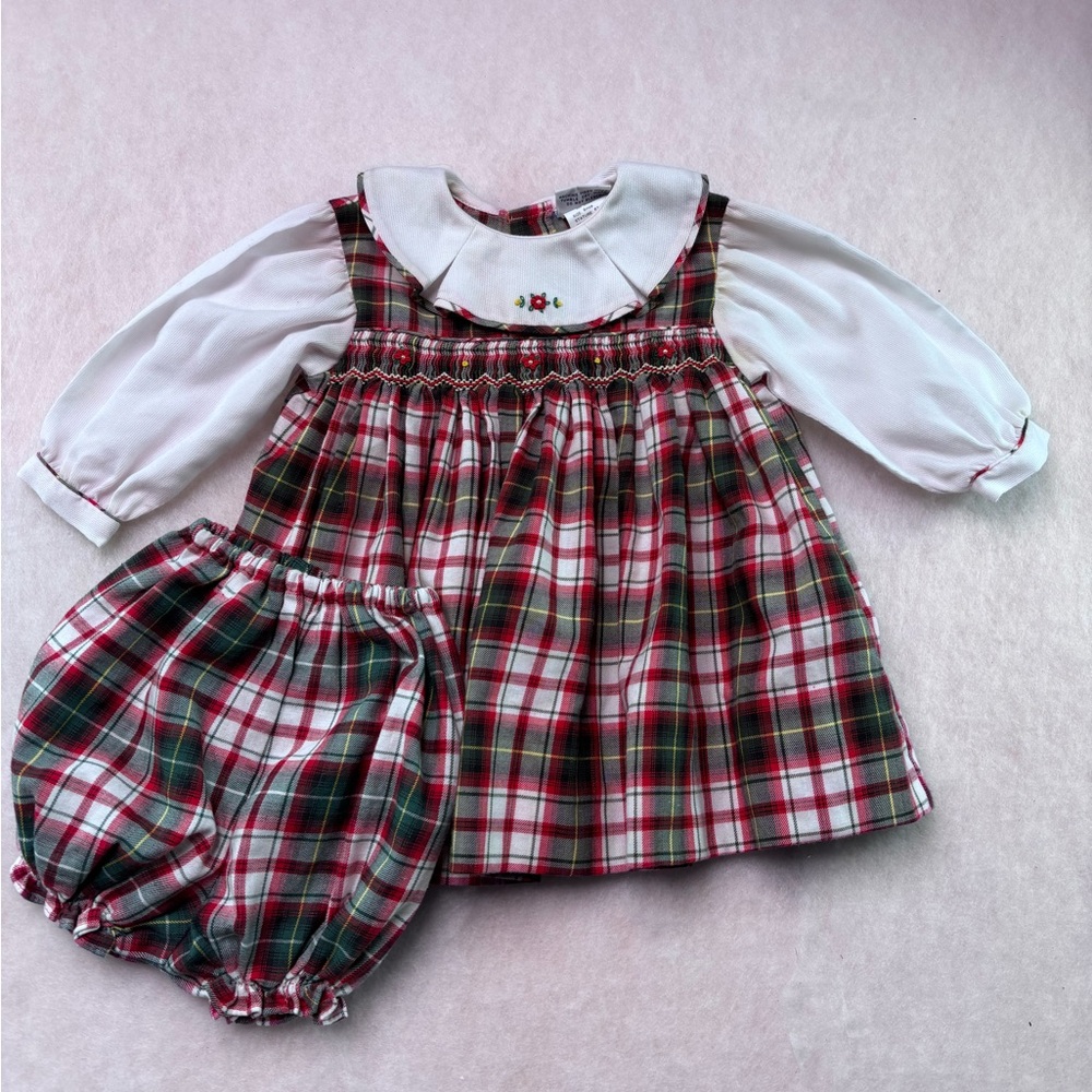 Vintage Petit Ami red and green tartan plaid baby dress Set 6 mos